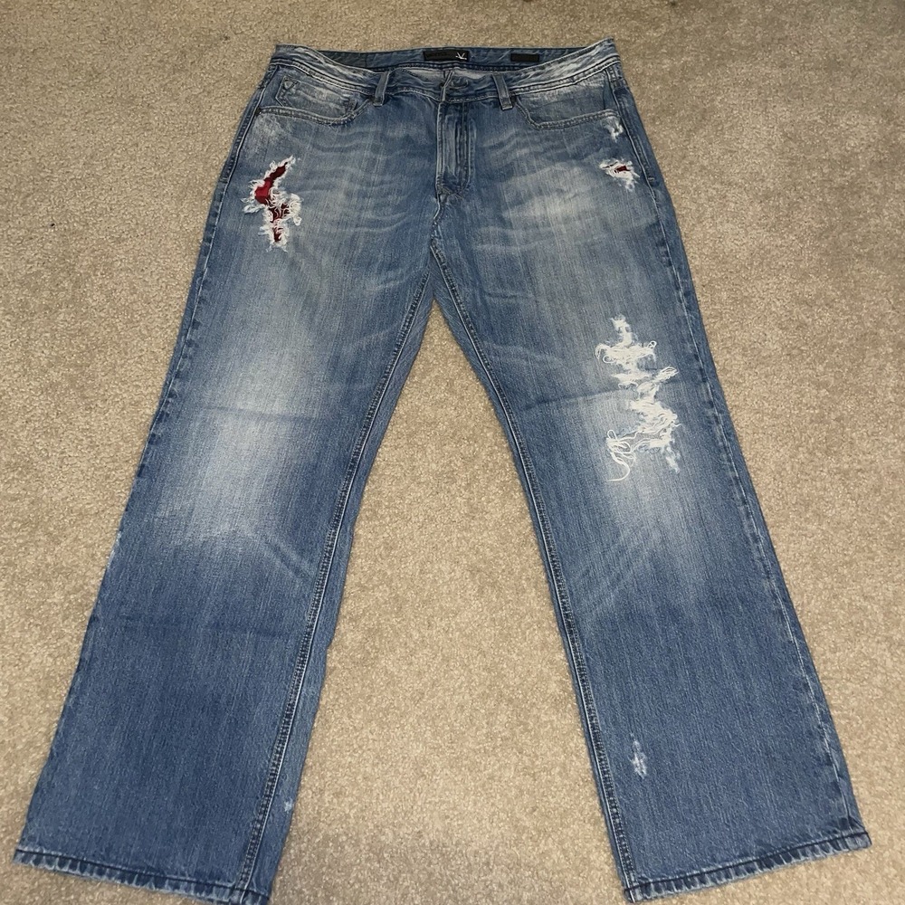 Vigoss USA Mens Distressed Flannel Patch Jeans Medium Wash Embroidered Size 38